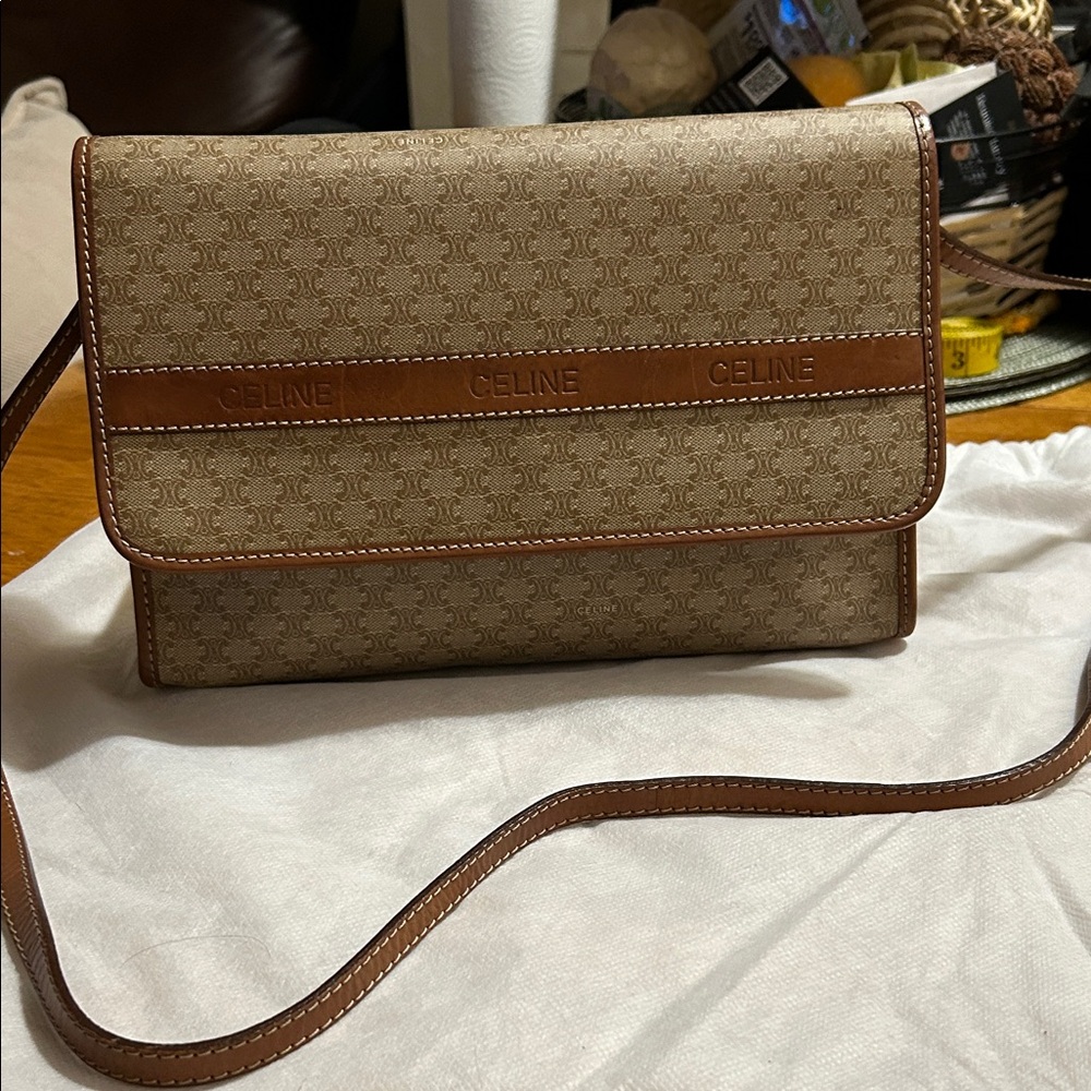 Celine Tan and Brown Monogram Messenger Bag